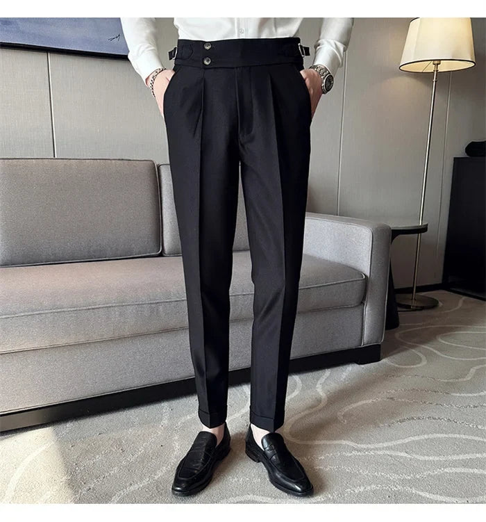 Pure Color Male Business Wedding Dress Pants Fashion Unique Design Men Waist Adjustable Suit Pant No Belt Slim Trousers Homme