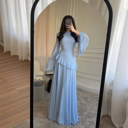 Women Chiffon Solid Ruffled Dress Flare Sleeve Round Neck 2025 New Elegant Maxi Gown Evening Party Fashion Holiday Lady