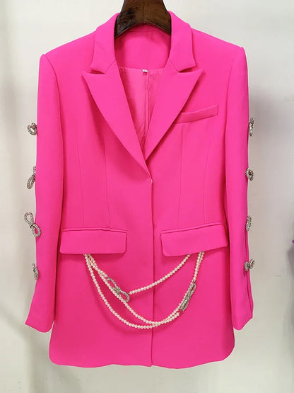 HIGH STREET Newest 2026 Designer Stylish Fashion Women's Pearls Chain Diamonds Beaded Hollow Out Bow Sleeve Blazer Dress