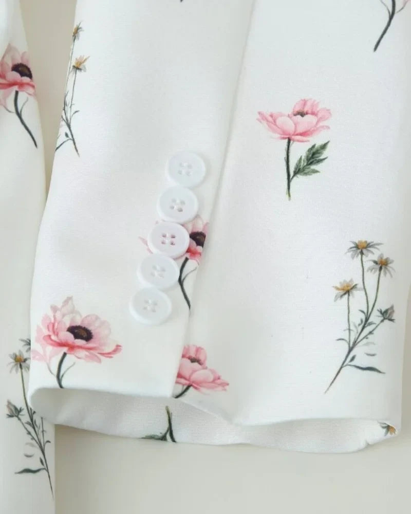 Women's Floral Print Blazer, White Pink Flower Casual Suit Jacket, Notch Lapel Loose Outwear with Tie Waist, Spring Daily Wear
