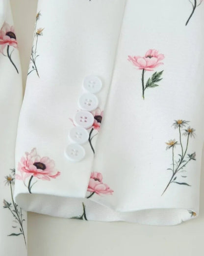 Women's Floral Print Blazer, White Pink Flower Casual Suit Jacket, Notch Lapel Loose Outwear with Tie Waist, Spring Daily Wear