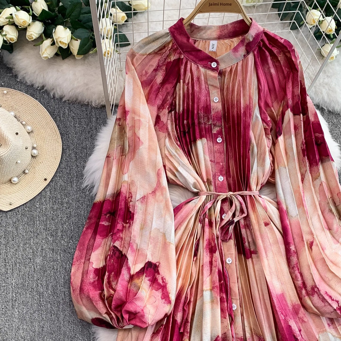 Ele Printed round Ne Lantern Sve Dr Women's Single Button Waist Cinch Maxi Skirt Long Dr Commute Sle Autumn