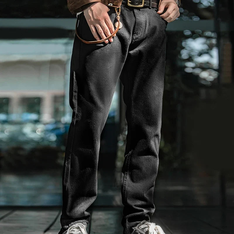 Men's Vintage 12.8oz Black Washed Denim Jeans Mid Rise Straight Classic Casual Zip Fly Pants for Autumn Versatile Trousers