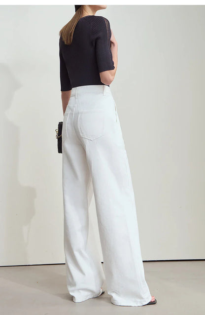 Women's Jeans Minimalist 2025 Summer New Style Solid Color Commuting Black Beige Wide Leg Cotton Denim Long Pants 12552012