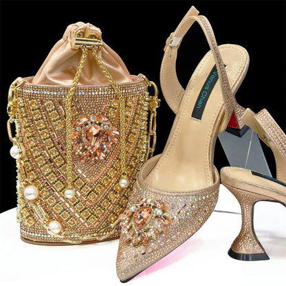 Nigerian Heel Party for Women Red Color Shoes and Bag Set Rhinestone Handbag Italian Design Wedding INS 2024