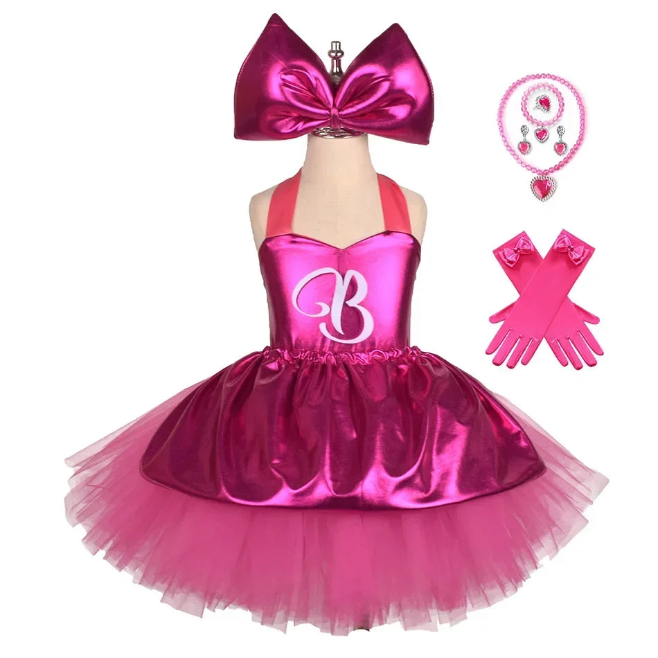 Princess Girls Rosy Knee Length Letter B Tutu Dresses for Girl Birthday Party Halloween Christmas Costumes Margot Robbie Cosplay