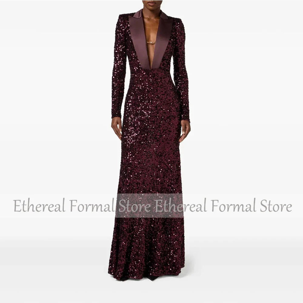 Gliter Dark Burgundy Sequin Women's Evening Gown Sheath Saudi Dress V Neck Formal Party Dress  Floor Length Prom Dress