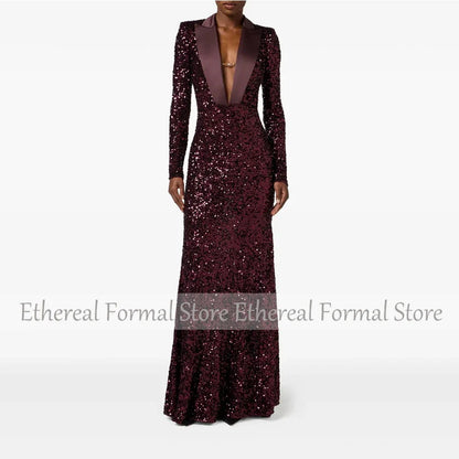 Gliter Dark Burgundy Sequin Women's Evening Gown Sheath Saudi Dress V Neck Formal Party Dress  Floor Length Prom Dress