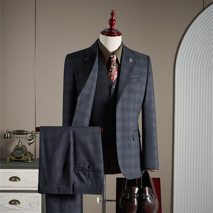 High-quality, Fashionable and Stylish Wedding Casual Checkered Suit Set, Men's Business Casual Suit Three-piece Set