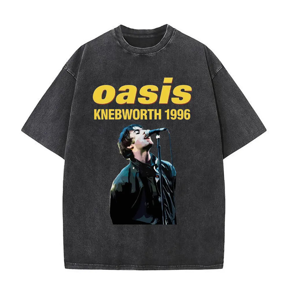 O-Oasis T-Shirts British Rock Band Vintage Washed T-shirt Men Women Clothing Cotton Casual Short Sleeve T Shirts Tops Streetwear