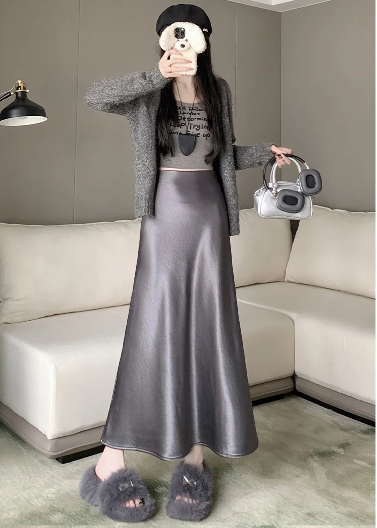New Autumn Winter Solid Satin Silk Mermaid Skirt Women Fashion High Waist Office Ladies Work Warmth Party Long Maxi Skirt