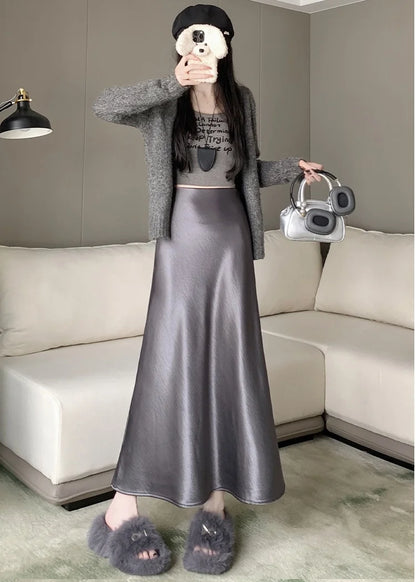 New Autumn Winter Solid Satin Silk Mermaid Skirt Women Fashion High Waist Office Ladies Work Warmth Party Long Maxi Skirt