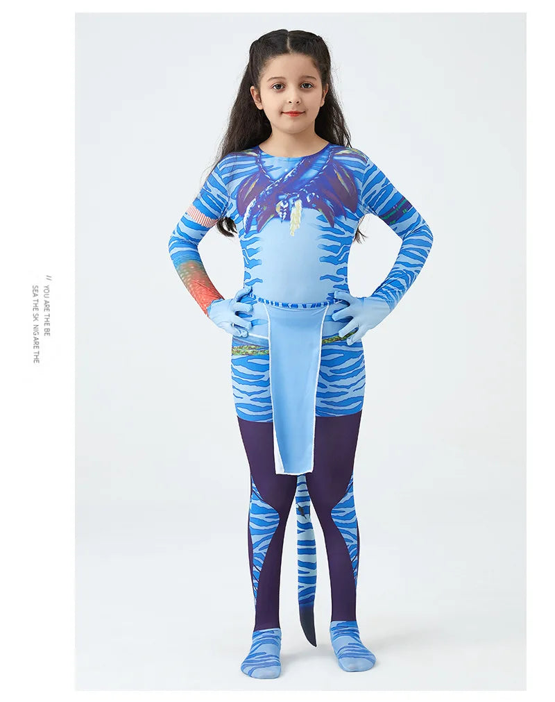 Girls Avatar 2 Neytiri Costume Tail Suit Boys Jake Sully Cosplay Zentai Bodysuit Jumpsuit Kids Halloween Birthday Party Costume