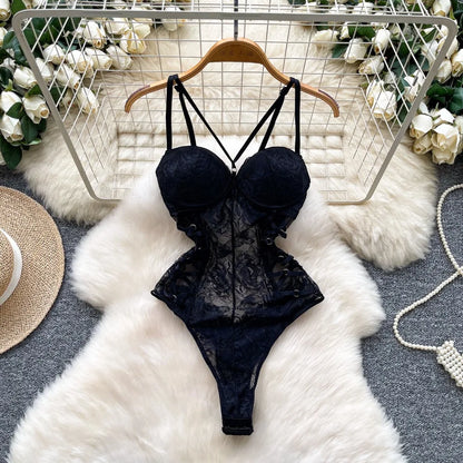 Sexy Lace Push Up Bodysuit See Through Mesh Patchwork Sleeveless Slim Thin One Pieces Elegant Women's Strappy Lingerie