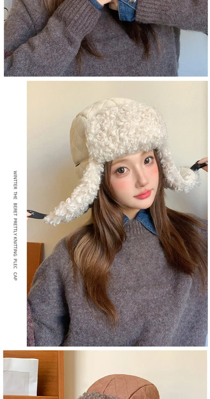 Russian Hat Thick Warm Lamb Fleece Winter Hat for Men Women Windproof Snow Ski Trapper Earflap Cap Male Female Bomber Hat