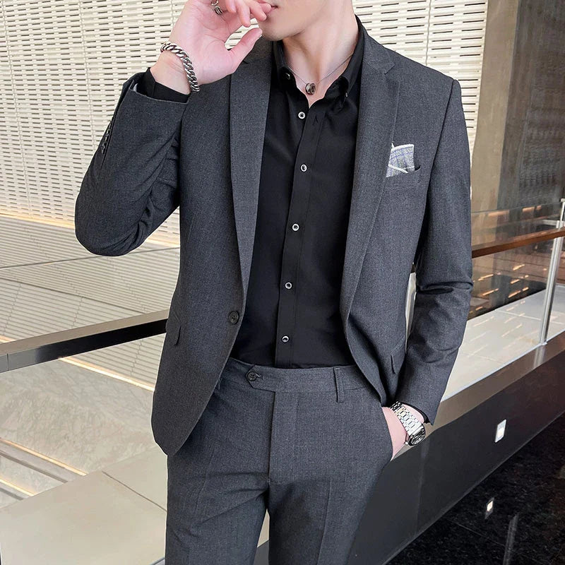 Men's Stylish Handsome Solid Color Suit Two-Piece Set M-4XL High Quality Formal Casual Banquet Fit Trousers Included