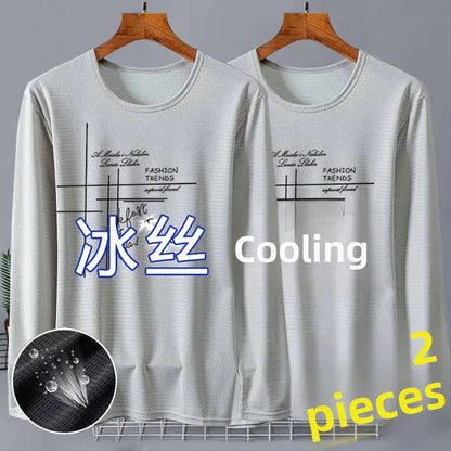New 2025 Men's Ice Silk Breathable Sun Protection Hollow out Thin Long Sleeve Casual Sports T-Shirt Large Size Loose Fit