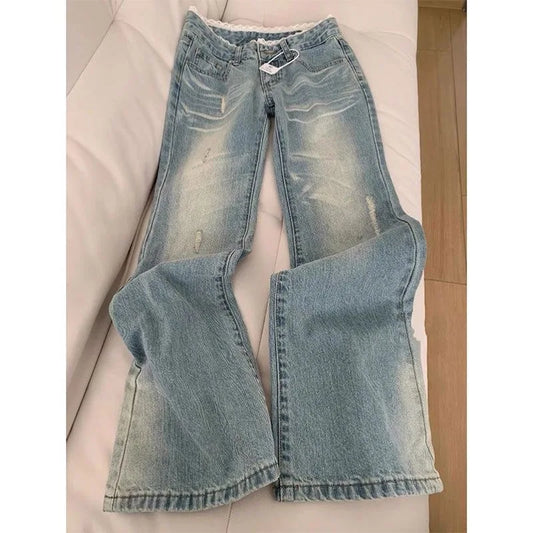 Retro Classic American Vintage Denim Jeans for Women Low Waisted Straight 1950s/1960s Inspired Jeans Light Blue Pants