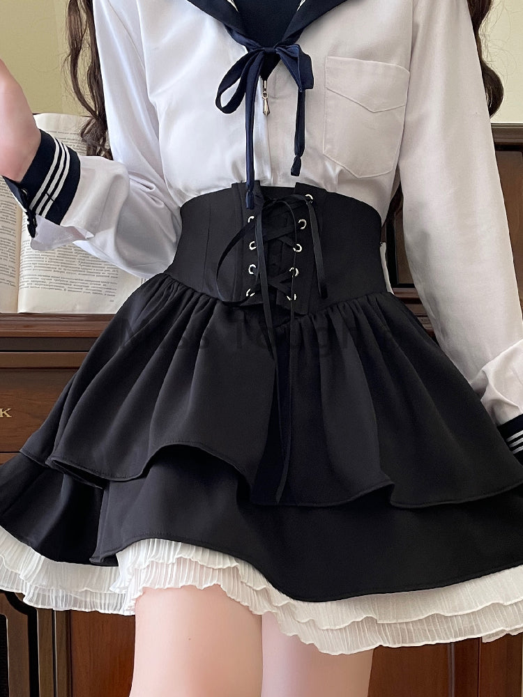 Japanese Bow Lolita Style Kawaii Skirts Women Black Ruffles Cute Mini Skirt Female Korean Fashion High Waist Princess Skirt 2023