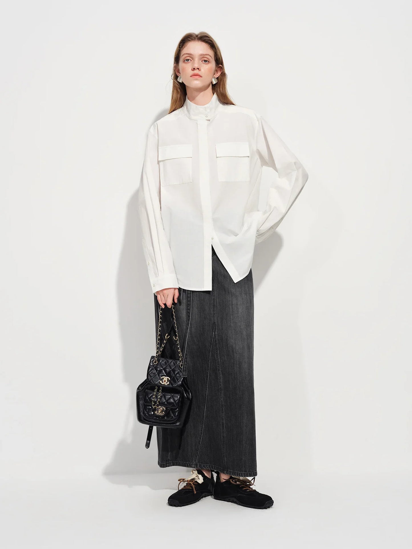 2026 Spring Women's Relaxed Fit Stand Collar Shirt Soft Touch Oversized Blouse White Blue Healing Commute Minimalist Style