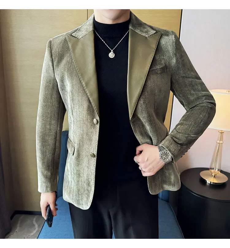 Splicing Leather Neck Fashion Suit Jacket Luxury Men's Business Slim Fit Social Formal Blazers Coats Wedding Groom Tuxedos 5XL-M