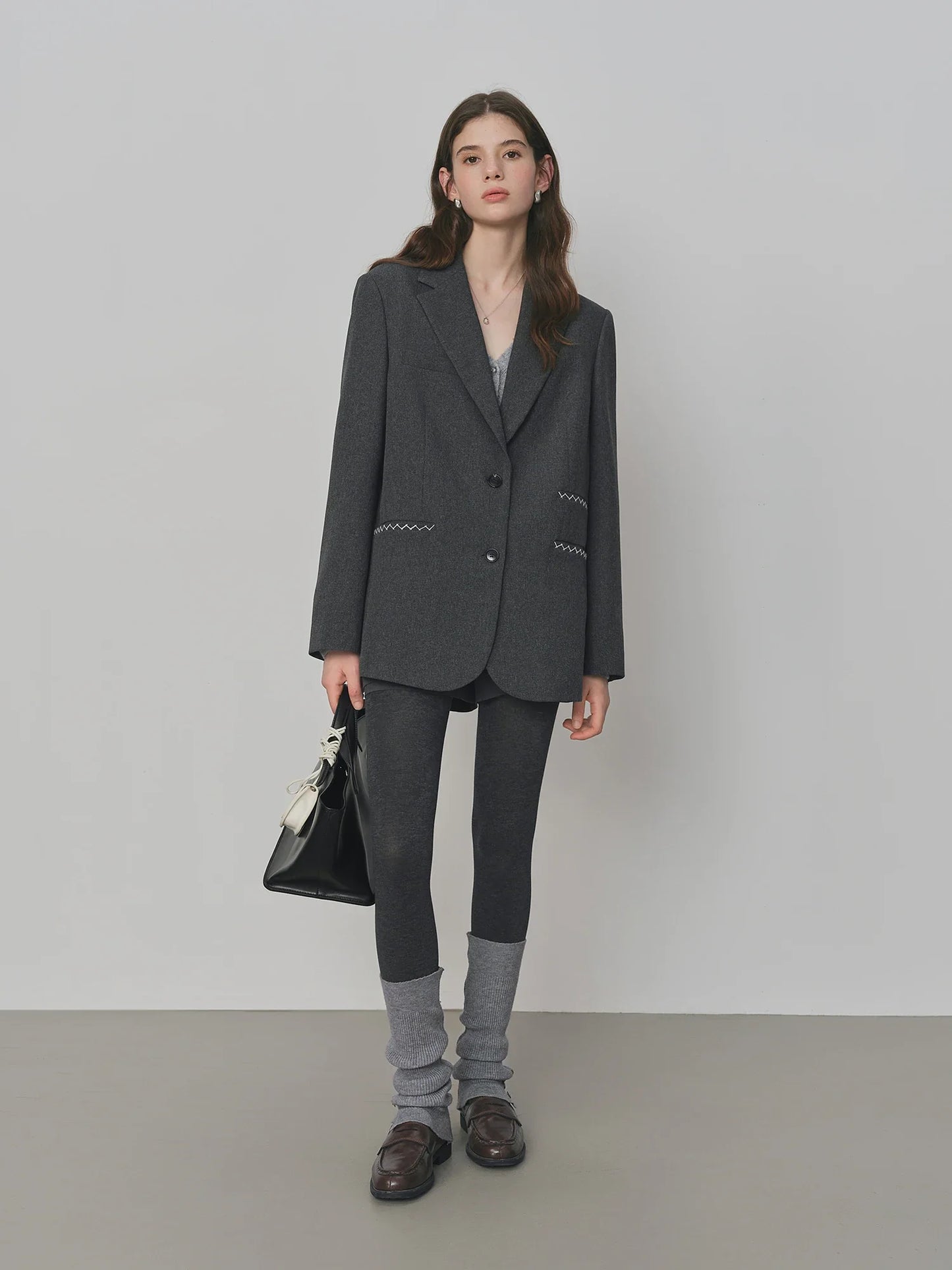 Contrast Color Line One-pocket Suit Jacket 2025 Autumn New Loose Versatile Notch Lapel Jacket 25FS13150