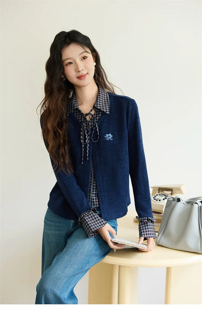Women's Fake Two Knitted Sweaters 2025 Autumn Plaid Splicing Embroidered Tops Retro Lapel Flare Sleeve Tops MXE45Z1401