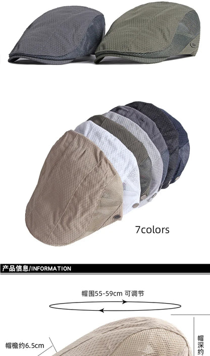 Men Women Breathable Mesh Summer Hat Newsboy Beret Ivy Cap Cabbie Flat Cap Adjustable Vintage Style