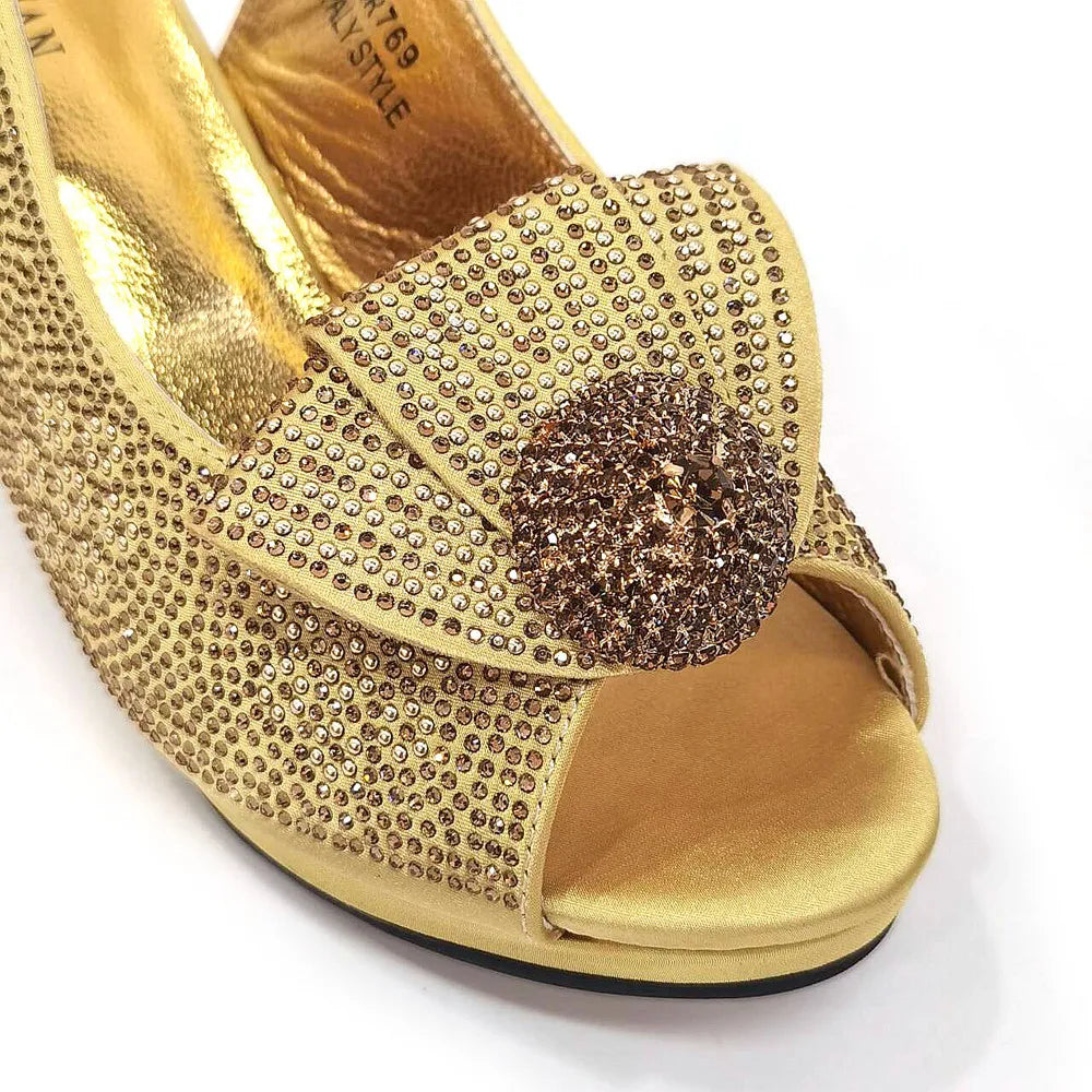 2024 Italian Design Girly Style Golden Color Wedding Shoes And Bag Full Diamond Decoration Metal Closure Bags