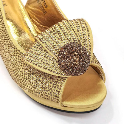 2024 Italian Design Girly Style Golden Color Wedding Shoes And Bag Full Diamond Decoration Metal Closure Bags