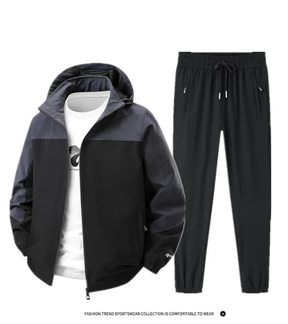 Men Spring Autumn Sport Set Comfortable Breathable Detachable Hooded Jacket Pant Set Training Morning Fitness Running Sport Suit