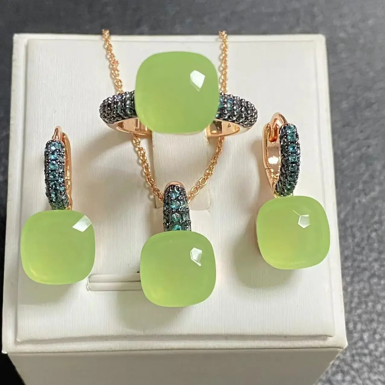 3Pcs Gun Black Plated Blue Zircon Jewelry Set for Women Includes Ring Earrings Necklace Elegant Crystal Blue Topaz Matching Gift