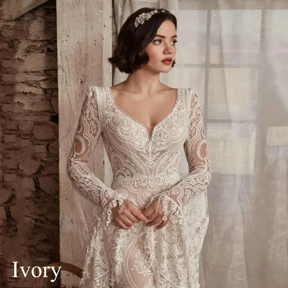 2026 Boho Mermaid Wedding Dresses Long Sleeve Pleat Sexy Lace Illusion Bridal Gown V-Neck Backless Zipper Sweep Train Customized
