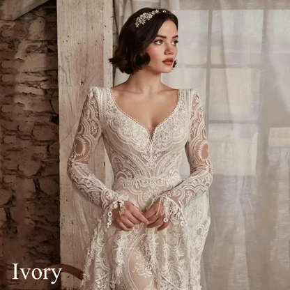 2026 Boho Mermaid Wedding Dresses Long Sleeve Pleat Sexy Lace Illusion Bridal Gown V-Neck Backless Zipper Sweep Train Customized