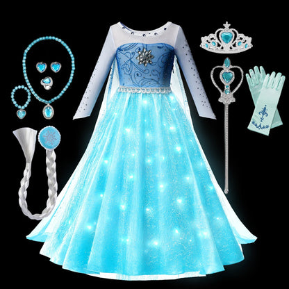 Elsa Snow Queen Princess Girls LED Light Up Dress Halloween Carnival Clothing Party Kids Cosplay Children Costume