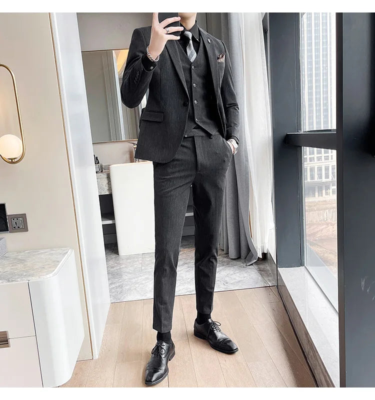 ( Blazer + Vest + Pants ) High-end Formal Casual Business Striped Fashion Men's 3 Piece Suit Groom Wedding Dress Suit
