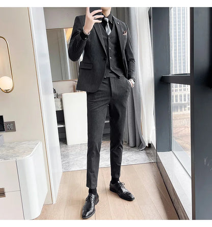 ( Blazer + Vest + Pants ) High-end Formal Casual Business Striped Fashion Men's 3 Piece Suit Groom Wedding Dress Suit