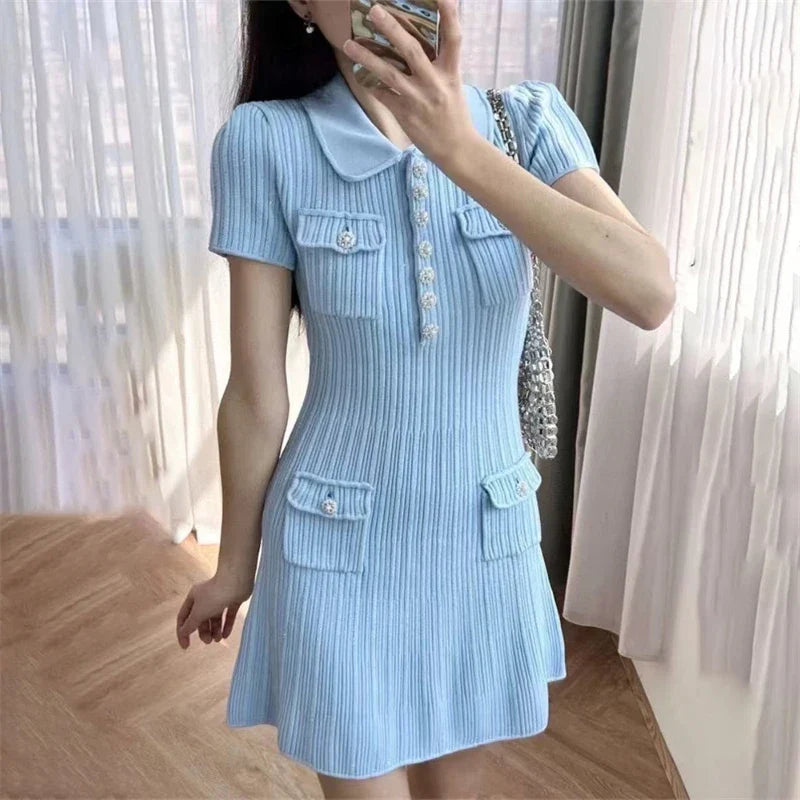 2025 Spring/Summer New Polo Neck Short Sleeve Knitted Dress Y2K Fashion Commuter Elastic Slim Fit Multi Pocket Wrapped Hip Skirt
