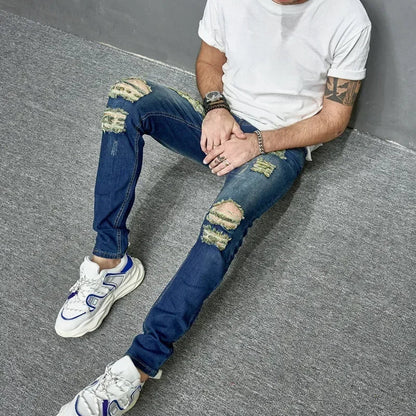 2024 New Style Men's Personalized Ripped Solid Color Skinny Jeans Stretch Little Foot Streetwear Motorcycle Denim Trousers Male
