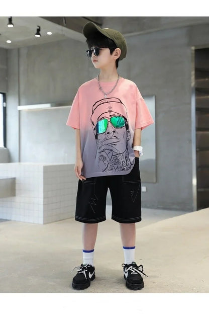 Summer Casual Boys 3D Graffiti Gradient Color T-Shirt Tops+Jean Shorts School Kid Tracksuit Child 2PCS Outfit Workout Set 5-16Yr