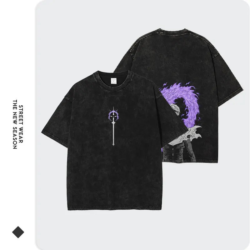 Anime B-Bleach T-Shirt Oversized Vintage Washed Zaraki Kenpachi T-Shirts Retro Harajuku Ichigo Rukia Tops Tees Man 100% Cotton