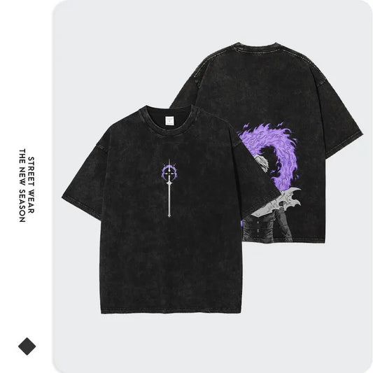 Anime B-Bleach T-Shirt Oversized Vintage Washed Zaraki Kenpachi T-Shirts Retro Harajuku Ichigo Rukia Tops Tees Man 100% Cotton