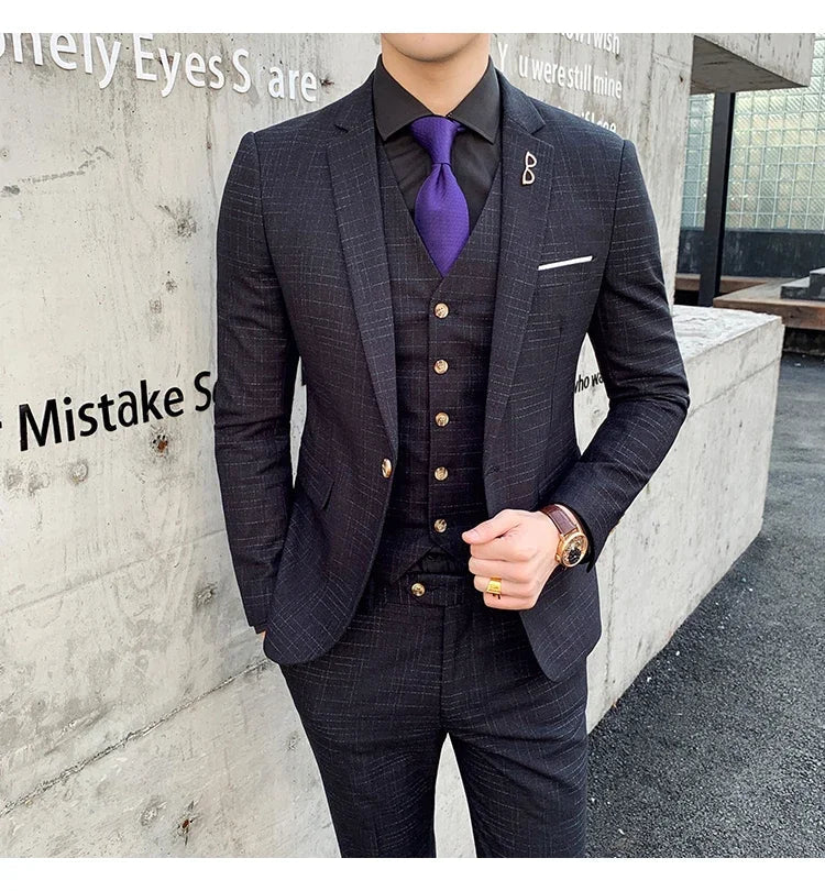 High Quality Slim-fit Men's Three-piece Suit with Vest And Trousers - Double Buckle Wedding Art Fabric Tough Man Suit