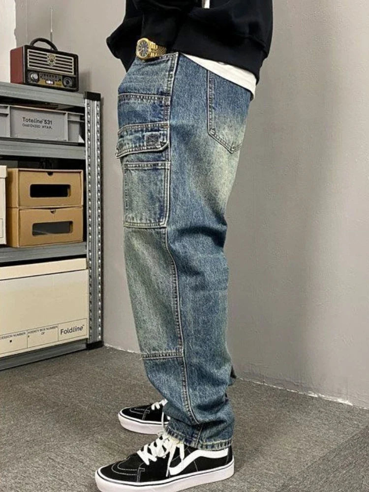 Autumn American Casual Ruffian Handsome Washed Retro Tooling Jeans Men's Straight Loose High Street Tapered Pants Tide