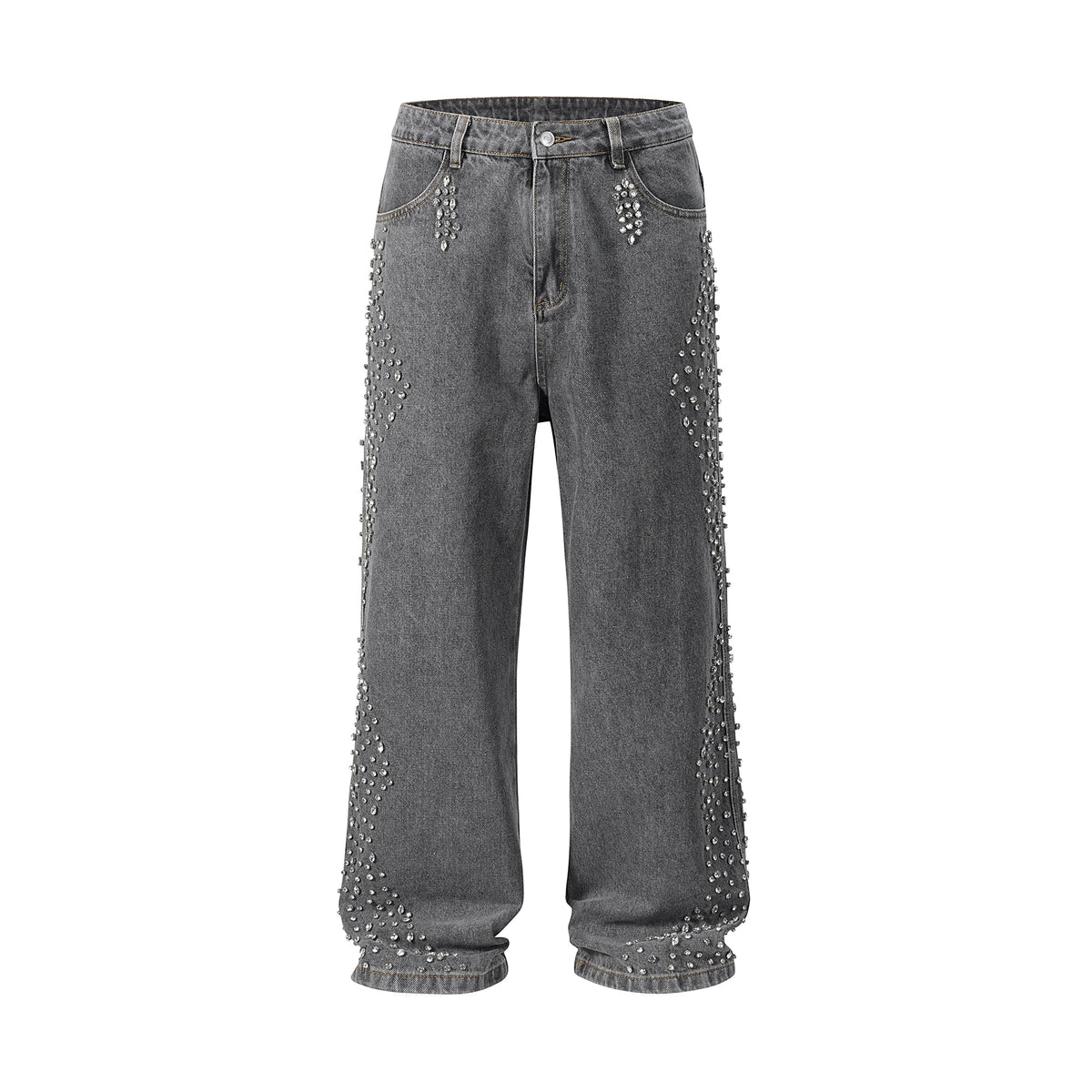 Full Rhinestone Print Washed Blue Baggy Jeans Mens and Women Ropa Hombre Streetwear Solid Casual Denim Trousers Loose Cargos