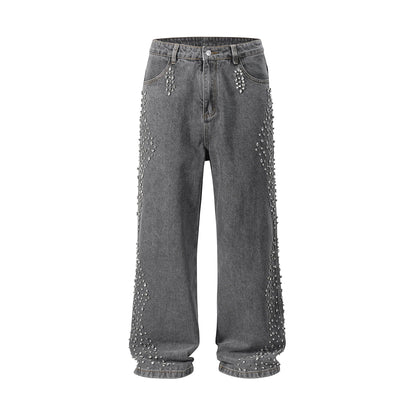 Full Rhinestone Print Washed Blue Baggy Jeans Mens and Women Ropa Hombre Streetwear Solid Casual Denim Trousers Loose Cargos