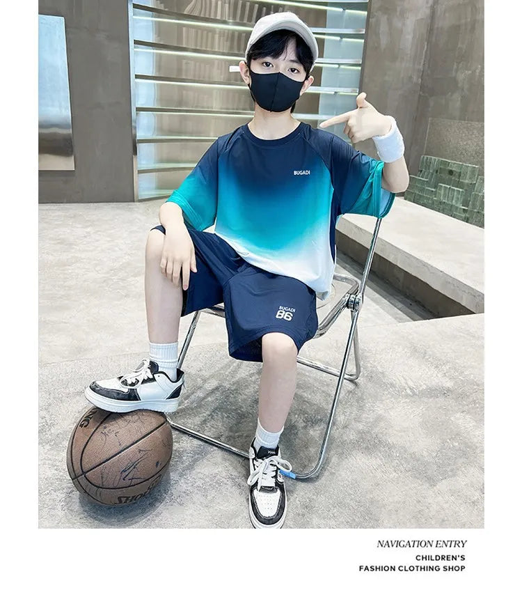 Summer Boys Gradient Quick-dry T-Shirt Top+Shorts Pant Sportswear Set School Kids 2PCS Tracksuit Children Jersey Outfit 5-16 Yr