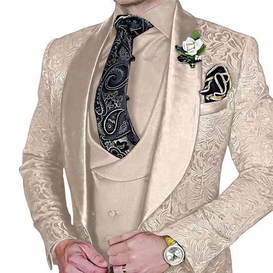 Elegant Mens Wedding Suits Italian Design Champagne Smoking Groom Tuxedo Jacket Vest Pants 3 Piece Party Prom Suits Set For Men