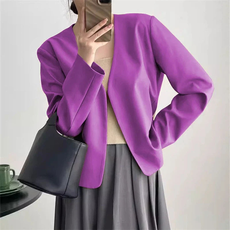 2025 Spring Autumn Fashion New Women's Suit Jackets Solid Short Coats Korean Blazers Long Sleeve Cardigan Coat Without Placket