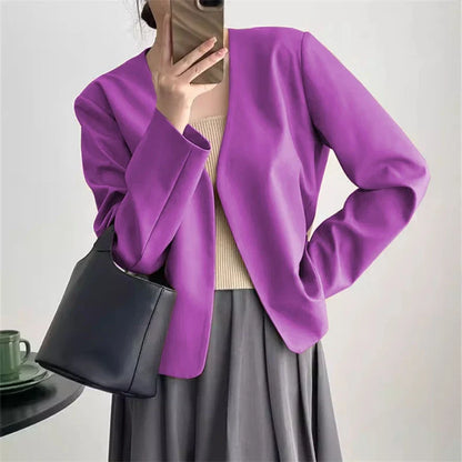 2025 Spring Autumn Fashion New Women's Suit Jackets Solid Short Coats Korean Blazers Long Sleeve Cardigan Coat Without Placket